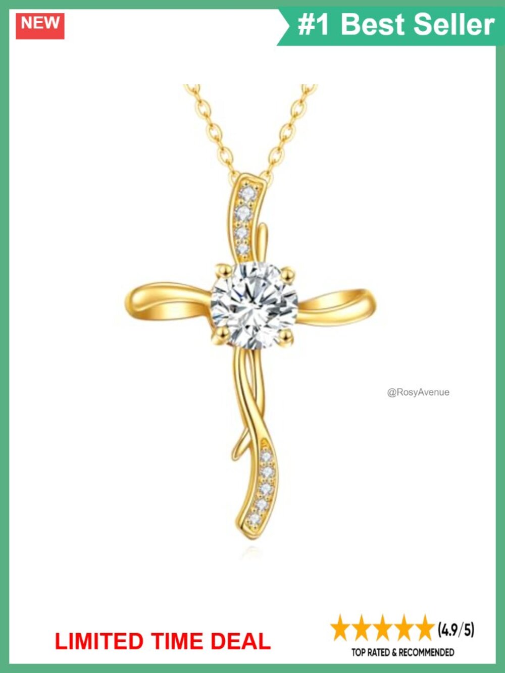 14K Real Gold Cross Necklace Infinity Pendant 1CT Moissanite 16+2 Inch